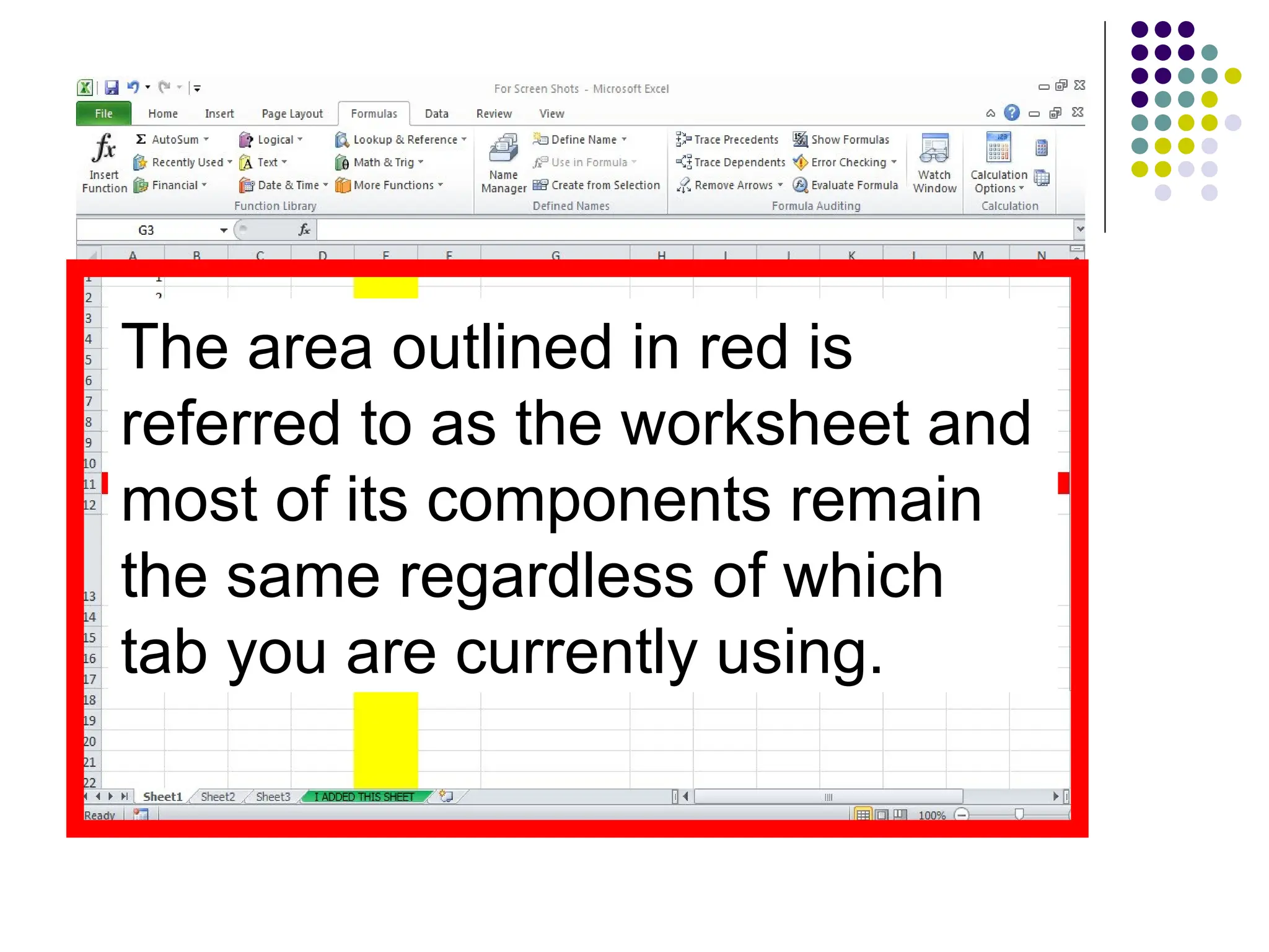 The area outlined in red is
referred to as the worksheet and
most of its components remain
the same regardless of which
tab you are currently using.
 
