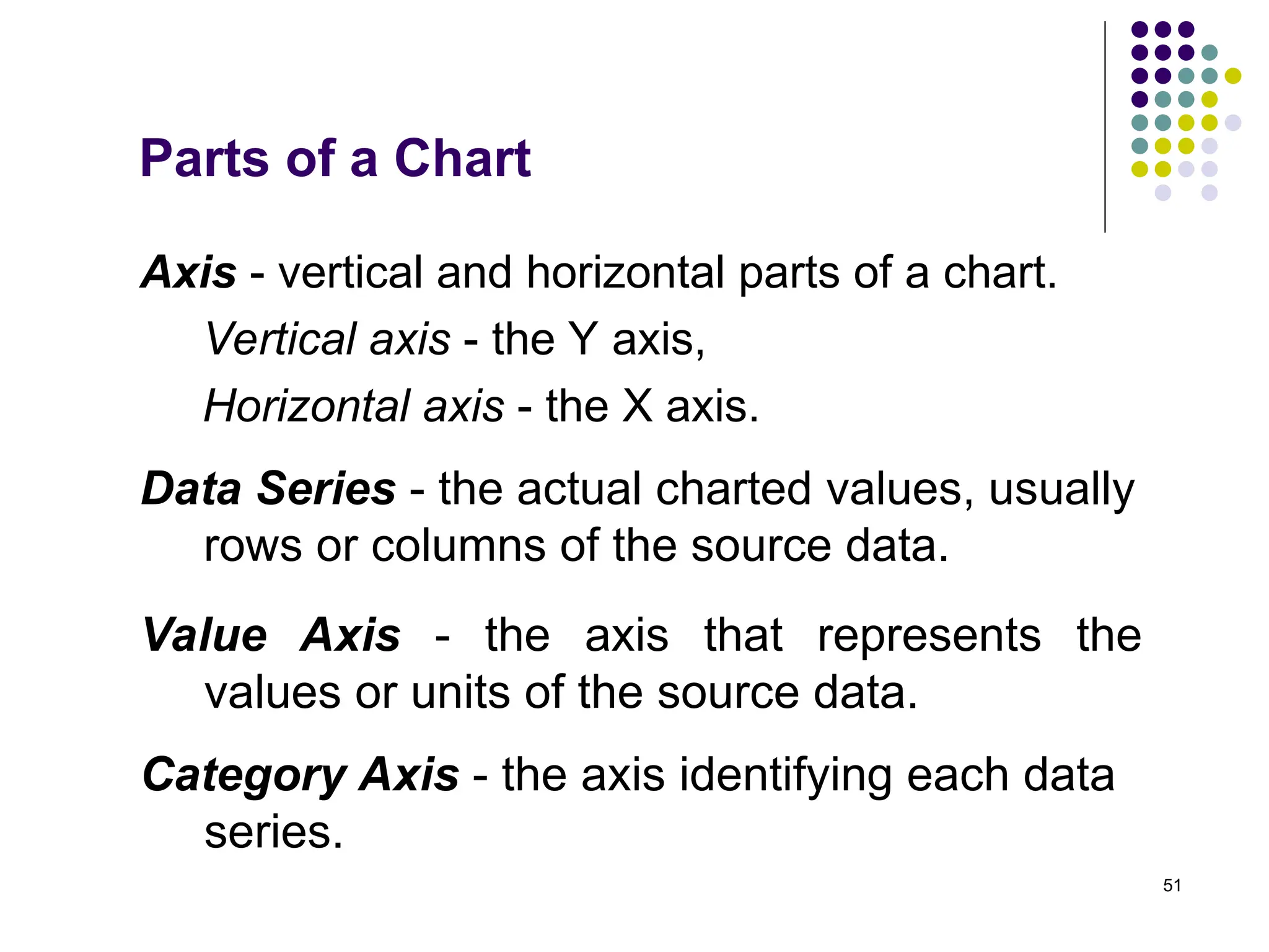51
Parts of a Chart
Axis - vertical and horizontal parts of a chart.
Vertical axis - the Y axis,
Horizontal axis - the X axis.
Data Series - the actual charted values, usually
rows or columns of the source data.
Value Axis - the axis that represents the
values or units of the source data.
Category Axis - the axis identifying each data
series.
 