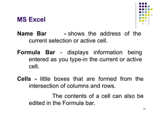 13
Name Bar - shows the address of the
current selection or active cell.
Formula Bar - displays information being
entered as you type-in the current or active
cell.
Cells - little boxes that are formed from the
intersection of columns and rows.
The contents of a cell can also be
edited in the Formula bar.
MS Excel
 