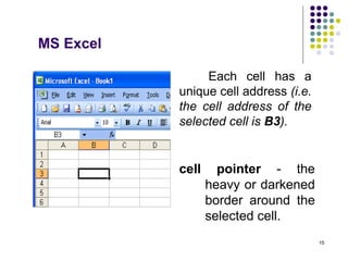 15
Each cell has a
unique cell address (i.e.
the cell address of the
selected cell is B3).
MS Excel
cell pointer - the
heavy or darkened
border around the
selected cell.
 