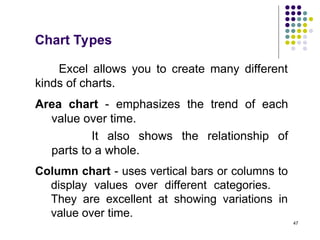 47
Chart Types
Excel allows you to create many different
kinds of charts.
Area chart - emphasizes the trend of each
value over time.
It also shows the relationship of
parts to a whole.
Column chart - uses vertical bars or columns to
display values over different categories.
They are excellent at showing variations in
value over time.
 
