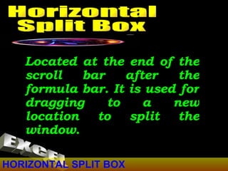 HORIZONTAL SPLIT BOX Located at the end of the scroll bar after the formula bar. It is used for dragging to a new location to split the window.  Horizontal Split Box EXCEL 