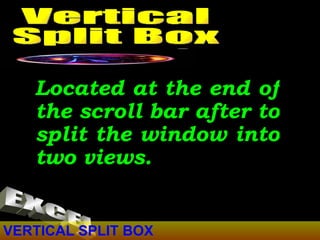 VERTICAL SPLIT BOX Located at the end of the scroll bar after to split the window into two views. Vertical Split Box EXCEL 