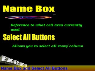 Name Box and Select All Buttons Reference to what cell area currently used Name Box EXCEL Select All Buttons Allows you to select all rows/ column 