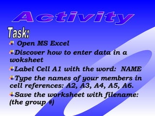 Open MS Excel Discover how to enter data in a woksheet Label Cell A1 with the word:  NAME Type the names of your members in cell references: A2, A3, A4, A5, A6. Save the worksheet with filename: (the group #) Activity Task: 