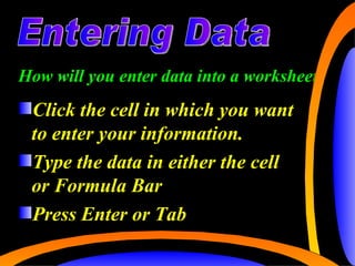 How will you enter data into a worksheet? Entering Data cc cc Click the cell in which you want to enter your information. Type the data in either the cell or Formula Bar Press Enter or Tab 