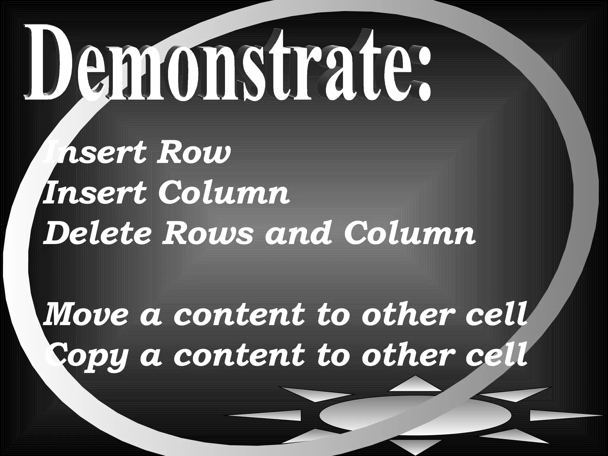 Demonstrate: Insert Row Insert Column Delete Rows and Column Move a content to other cell Copy a content to other cell