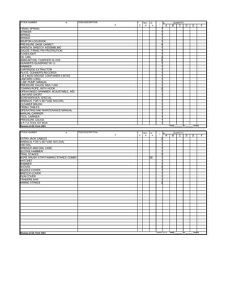 STOCK NUMBER                 a.        ITEM DESCRIPTION        *        SEC   UI               g.            QUANTITY
                                                          b.                           1
                                                                   C.    d.    e.                   A       B       C      D       E          F
FIRING SPRING                                                                              1
STRIKER                                                                                    1
SPRING                                                                                     1
SPRING                                                                                     1
WEAPON LOG BOOK                                                                            1
PRESSURE GAGE GASKET                                                                       4
WRENCH, BREECH ASSEMBLING                                                                  1
GAUGE, FIRING PIN PROTRUTION                                                               1
FLASHLIGHT                                                                                 1
OIL CAN                                                                                    2
AMMUNITION, CHARGER GLOVE                                                                  2
GUNNER'S QUADRANT M-1J                                                                     1
HAMMER                                                                                     1
CARTRIDGE EXTRACTOR                                                                        1
PLATE, GUNNER'S RECORDS                                                                    1
LIS-2 MOS GREASE CONTAINER 0.85 KG                                                         1
LANYARD LONG                                                                               1
LUBE PUMP, MANUAL                                                                          1
PRESSURE GAUGE MSA 1-000                                                                   1
TOWING ROPE, WITH HOOK                                                                     2
OPEN-ENDED SPANNER, ADJUSTABLE, A53                                                        1
LANYARD SHORT                                                                              1
SCREWDRIVER, SPECIAL                                                                       1
WRENCH, FOR V-90 FUSE W/0 DIAL                                                             1
CLEANER BRUSH                                                                              1
FIRING TABLES                                                                              1
OPERATING AND MAINTENANCE MANUAL                                                           1
MANUAL CARRIER                                                                             1
TOOL CARRIER                                                                               1
PRESSURE GAUGE                                                                             1
S.P.T.A TOOL KIT BOX                                                                       1
Reverse of DA Form 2062                                                                                 1 PAGE _________ OF _________ PAGES



STOCK NUMBER                 a.        ITEM DESCRIPTION        *        SEC   UI               g.            QUANTITY
                                                                                       3
                                                          b.       C.    d.    e.                   A       B       C      D       E          F
EXTRA JACK CABLES                                                                          2
WRENCH, FOR V-90 FUSE W/O DIAL                                                             1
V90 DIAL                                                                                   1
WRENCH AND DIAL CASE                                                                       1
SLEDGE HAMMER                                                                              1
TRAIL STAKES                                                                               3
BORE BRUSH STAFF/AIMING STAKES COMBO                                          SE           1
HATCHET                                                                                    1
RAMMER                                                                                     1
SHOVEL                                                                                     2
MUZZLE COVER                                                                               1
BREECH COVER                                                                               1
GUN COVER                                                                                  1
TANKERS BAR                                                                                1
AIMING STAKES                                                                              2




Reverse of DA Form 2062                                                             USAPPC V2.10         PAGE _________ OF _________ PAGES
 