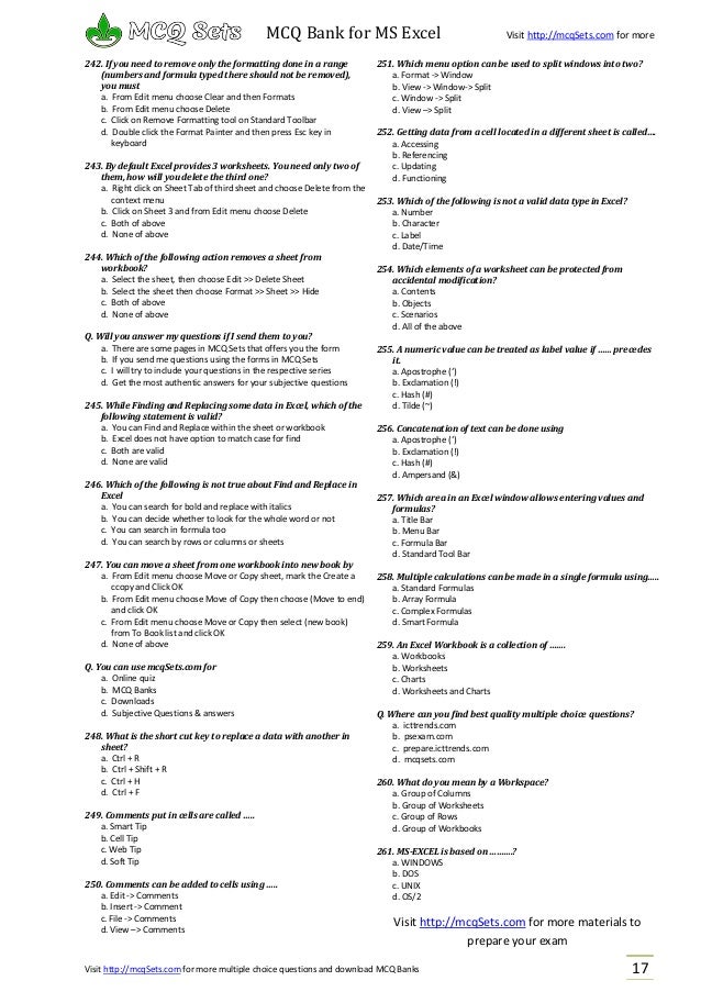 Microsoft Excel Mcq Bank From Mcqsets Com Multiple Choice Questions