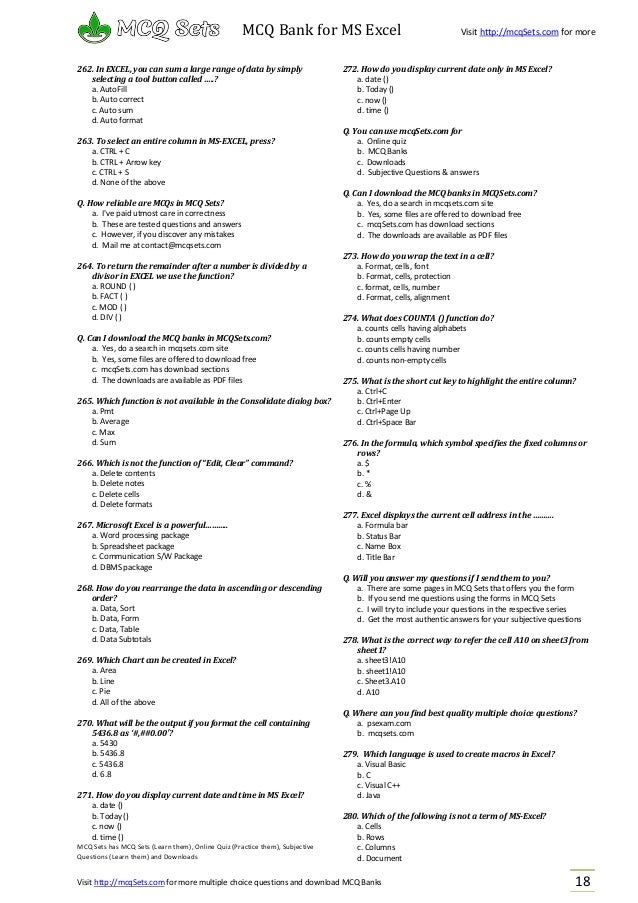 format autofill auto in excel ms and Bank mcqSets.com Choice (Multiple Excel from Microsoft MCQ