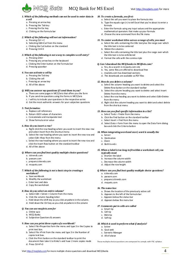 Advanced Excel Multiple Choice Questions And Answers