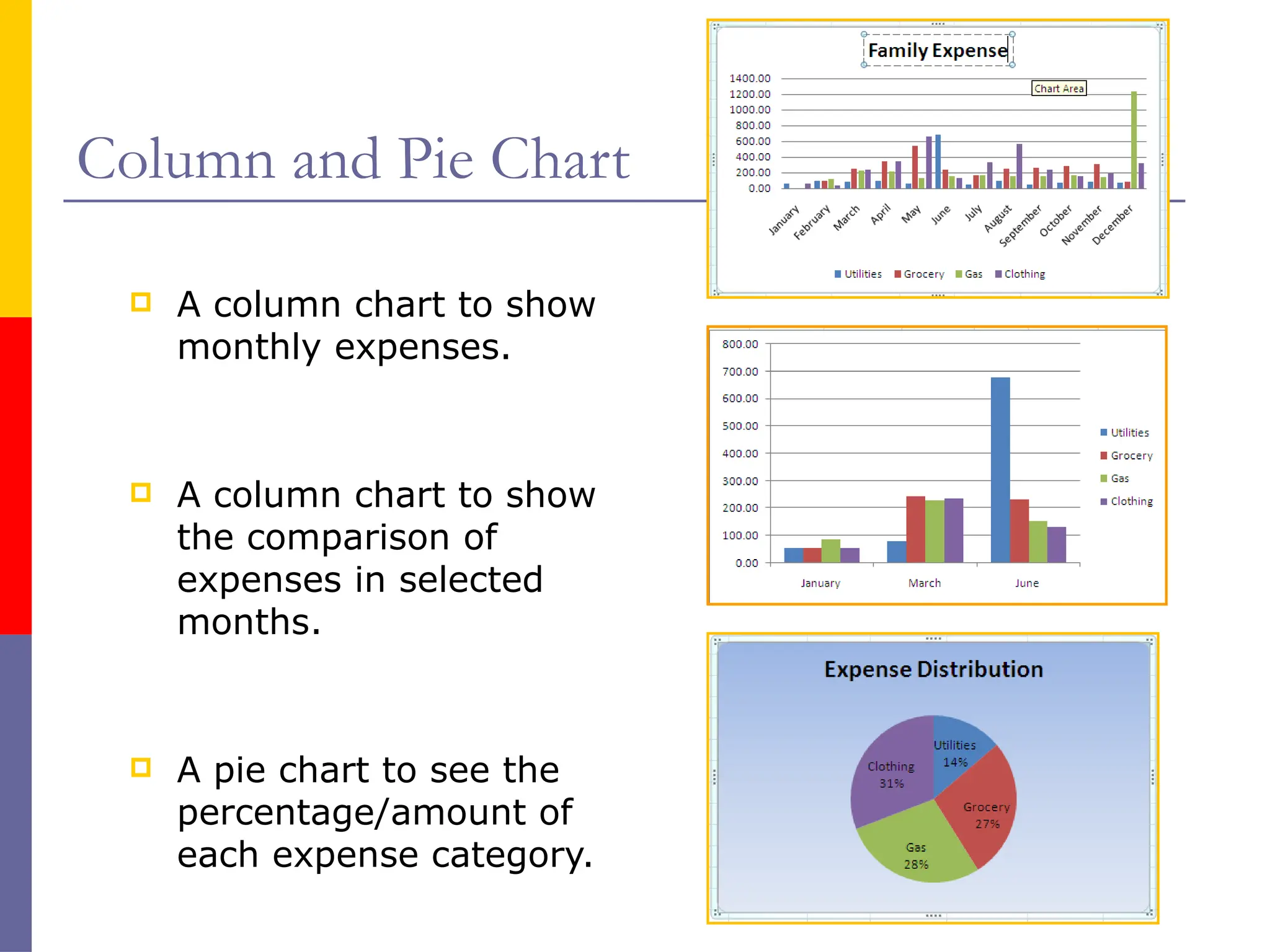 Column and Pie Chart
 A column chart to show
monthly expenses.
 A column chart to show
the comparison of
expenses in selected
months.
 A pie chart to see the
percentage/amount of
each expense category.
 