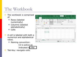 The Workbook
 The workbook is comprised
of:
 Rows (labeled
numerically)
 Columns (labeled
alphabetically)
 Cells
 A cell is labeled with both a
numerical and alphabetical
value.
 Naming convention:
C3 is active as
Indicated by the
 Tab Key: navigate cells.
 