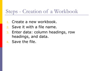 Steps - Creation of a Workbook
1. Create a new workbook.
2. Save it with a file name.
3. Enter data: column headings, row
headings, and data.
4. Save the file.
 