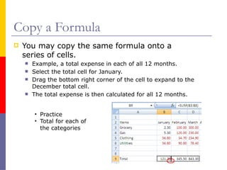 Copy a Formula
 You may copy the same formula onto a
series of cells.
 Example, a total expense in each of all 12 months.
 Select the total cell for January.
 Drag the bottom right corner of the cell to expand to the
December total cell.
 The total expense is then calculated for all 12 months.
• Practice
• Total for each of
the categories
 