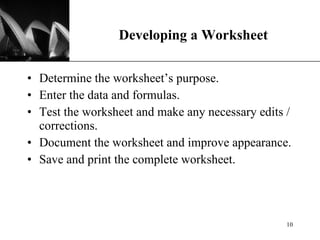 Developing a Worksheet Determine the worksheet’s purpose. Enter the data and formulas. Test the worksheet and make any necessary edits / corrections. Document the worksheet and improve appearance. Save and print the complete worksheet. 