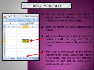 OVERVIEW OF EXCEL
 Microsoft excel consists of workbooks.
Within each workbook, there is an
infinite number of worksheets.
 Each worksheet contains Columns and
Rows.
 Where a column and a row intersect is
called a cell. For e.g. cell D5 is
located where column D and row 5
meet.
 The tabs at the bottom of the screen
represent different worksheets within
a workbook. You can use the scrolling
buttons on the left to bring other
worksheets into view.
4
 