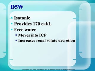 D5W Isotonic Provides 170 cal/L Free water Moves into ICF Increases renal solute excretion  