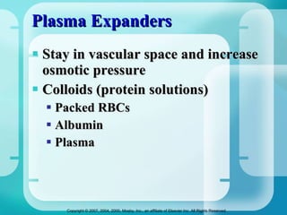 Plasma Expanders Stay in vascular space and increase osmotic pressure  Colloids (protein solutions) Packed RBCs  Albumin Plasma 