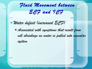 Fluid Movement between  ECF and ICF  Water deficit (increased ECF)  Associated with symptoms that result from cell shrinkage as water is pulled into vascular system 