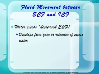 Fluid Movement between  ECF and ICF  Water excess (decreased ECF) Develops from gain or retention of excess water 
