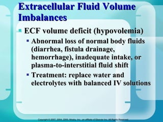 Extracellular Fluid Volume Imbalances ECF volume deficit (hypovolemia) Abnormal loss of normal body fluids (diarrhea, fistula drainage, hemorrhage), inadequate intake, or plasma-to-interstitial fluid shift Treatment: replace water and electrolytes with balanced IV solutions 