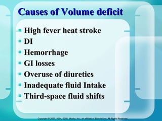 Causes of Volume deficit High fever heat stroke DI Hemorrhage GI losses Overuse of diuretics Inadequate fluid Intake Third-space fluid shifts 