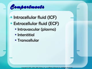 Compartments Intracellular fluid (ICF) Extracellular fluid (ECF) Intravascular (plasma) Interstitial Transcellular 
