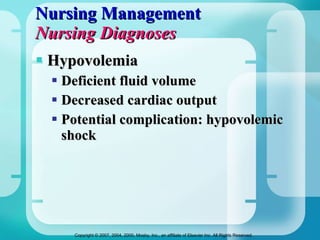 Nursing Management Nursing Diagnoses Hypovolemia Deficient fluid volume Decreased cardiac output Potential complication: hypovolemic shock 