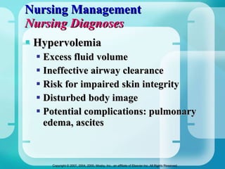 Nursing Management Nursing Diagnoses Hypervolemia Excess fluid volume Ineffective airway clearance Risk for impaired skin integrity Disturbed body image Potential complications: pulmonary edema, ascites 