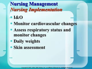 Nursing Management Nursing Implementation I&O Monitor cardiovascular changes Assess respiratory status and monitor changes Daily weights Skin assessment 