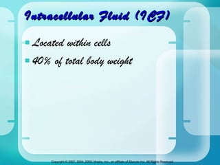 Intracellular Fluid (ICF) Located within cells 40% of total body weight 