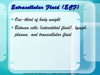Extracellular Fluid (ECF) One-third of body weight  Between cells (interstitial fluid), lymph, plasma, and transcellular fluid 