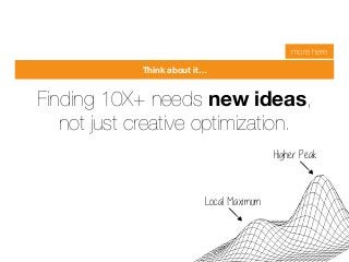 Finding 10X+ needs new ideas, 
not just creative optimization. 
Local Maximum 
Higher Peak 
Growth Hacking Conference Oct ...