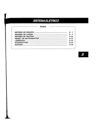 iNDICE
SISTEMA DE IGNIt;:A0 ....................................................................
SISTEMA DE CARGA ......................................................................
SISTEMA DE PARTIDA .........~..........................................................
PAINEL DE INSTRUMENTOS..........................................................
LAMPADAS.......................................................................................
INTERRUPTOR•.•..•.•...•.•.••........••••••....•.......•.•••.•.•........•.,.••.....••...••...
BATERIA ...........................................................................................
5- 1
5- 7
5-10
5-13
5-14
5-15
5-18
 