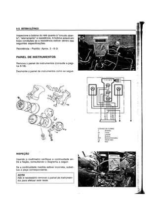 5-12 SISTEMA ELETRICO
Inspecione a bobina do rele quanto a"circuito aber-
to", "aterramento" e resistemcia. A bobina estara em
boas condiyoes se a resistencia estiver dentro das
seguintes especificayoes.
Resistencia - Padrao: Aprox. 3 - 6 n
PAINEL DE INSTRUMENTOS
Remova 0 painel de instrumentos (consulte a pagi-
na 6-18).
Desmonte 0 painel de instrumentos como se segue.
INSPEc;AO
Usando 0 multfmetro verifique a continuidade en-
tre a fiayao, consultando 0 diagrama a seguir.
Se a continuidade medida estiver incorreta, substi-
tua a peya correspondente.
NOTA
Nao enecessario remover 0 painel de instrumen-
tos para efetuar este teste.
I
I
L .._..t---I-+--+-++-
1 iT
CODIGO DE CORES
Y Amarelo
Gr Cinza
o laranja
B Branco
fYW BrancoNermelho
Lg Verde claro
BI Azul
 