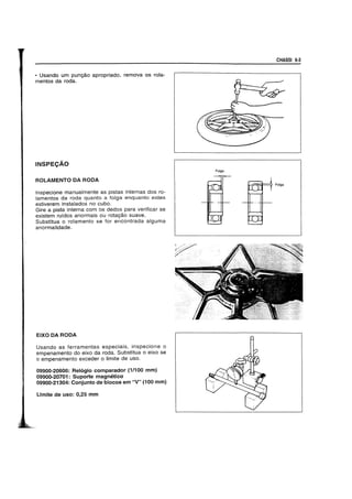 • Usando urn PUn98.0 apropriado, remova os rola-
mentos da roda.
INSPECAO
ROLAMENTO DA RODA
Inspecione manualmente as pistas internas dos ro-
lamentos da roda quanto a tOlga enquanto estes
estiverem instalados no cubo.
Gire a pista interna com os dedos para verificar se
existem rurdos anormais ou rota98.0 suave.
Substitua 0 rolamento se for encontrada alguma
anormalidade.
EIXODARODA
Usando as ferramentas especiais, inspecione 0
empenamento do eixo da rocta. Substitua 0 eixo se
o empenamento exceder 0 limite cte uso.
09900-20606: Rel6gio eomparador (1/100 mm)
09900-20701: Suporte magnetieo
09900-21304: Conjunto de bloeos em "V" (100 mm)
Limite de uso: 0,25 mm
CHASSI 6-3
Folga
k~:F=* Foiga
 