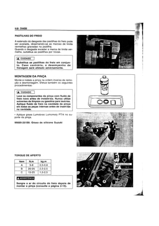 6·28 CHASSI
PASTILHAS 00 FREIO
A extensao do desgaste das pastilhas do freio pode
ser avaliada, observando-se as marcas de limite
vermelhas gravadas na pastilha.
Quando 0 desgaste exeeder a marea de limite ver-
melha, substitua as pastilhas por novas.
IA CUIDADO
Substitua as pastilhas do freio em conjun-
to. Caso contnirio, 0 desem penho de
frenagem sera afetado adversamente.
MONTAGEM DA PINC;A
Monte e instale a pinya na ordem inversa da remo-
yao e desmontagem. Efetue tambem os seguintes
proeedimentos;
!A CUIDADO
Lave os componentes da pinya com fluido de
freio novo antes de instala-Ios. Nunca utilize
solventes de limpeza ou gasolina para lava-los.
Aplique fluido de freio na cavidade da pinya
em todas as peyas internas antes de inseri-Ias
na cavidade.
• Aplique graxa Lumobras Lumomoly PT/4 no su-
porte da pinc;a.
99000-25100: Graxa de silicone Suzuki
TORQUE DE APERTO
Item N.m kg.m
A 5-8 0,5-0,8
B 20-25 2,0-2,5
C 15-25 1,5-2,5
!i1'~'lain!~lan
Sangre 0 ar do circuito do freio depois de
montar a pinya (consulte a pagina 2-15).
 