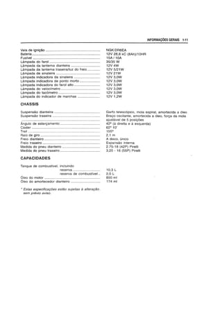 Vela de igniyao ........................................................
Bateria......................................................................
Fuslvel .....................................................................
Lftmpada do farol ....................................................
Lftmpada da lanterna dianteira ..............................
Lftmpada da lanterna traseiraJluz do freio .............
Lftmpada de sinaleira .............................................
Lftmpada indicadora da sinaleira ...........................
Lftmpada indicadora de ponto morto .....................
Lftmpada indicadora do farol alto ...........................
Lftmpada do velocfrnetro ........................................
Lftmpada do tacometro ...........................................
Lftmpada do indicador de marchas .......................
CHASSIS
Suspensao dianteira ...............................................
Suspensao traseira .................................................
Angulo de esteryamento .........................................
Caster ......................................................................
Trail ..........................................................................
Raio de giro .............................................................
Freio dianteiro .........................................................
Freio traseiro ...........................................................
Medida do pneu dianteiro .......................................
Medida do pneu traseiro .........................................
CAPACIDADES
Tanque de combustivel, incluindo
reserva ............................
reserva de combustivel ..
Oleo do motor .........................................................
Oleo do amortecedor dianteiro ..............................
.. Estas especifica90es estao sujeitas a altera98o.
sem previo aviso.
NGKDR8EA
i2V 28,8 kC (8Ah)/i0HR
i5A 1i0A
35/35 W
12V4W
12V 5/21W
12V 21W
12V 3,OW
12V 3,OW
12V 3,OW
12V 3,OW
12V 3,OW
12V 1,2W
INFORMA90ES GERAIS 1-11
Garfo telesc6pico, mola espiral, amortecida a 61eo
Brayo oscilante, amortecida a 6leo, forya da mola
ajustavel de 5 posiyoes
42Q (3 direita e 3 esquerda)
62° 10'
105°
2,1 m
A disco, unico
Expansao interna
2.75-18 (42P) Pirelli
3,25 - 16 (55P) Pirelli
10,3 L
2,0 L
850 ml
174 ml
 