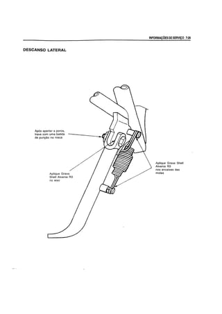 DESCANSO LATERAL
Ap6s apertar a porca,
trave com uma batida
de pun9ao na rosca
Aplique Graxa
Shell Alvania R3
no eixo
INFORMACOES DESERVICO 7-29
Aplique Graxa Shell
Alvania R3
nos encaixes das
molas
 