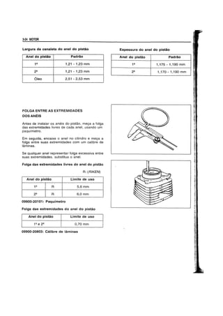3-24 MOTOR
Largura da canaleta do anel do pistao
Anel do pistao Padrao
1Q 1,21 - 1,23 mm
2Q 1,21 - 1,23 mm
61eo 2,51 - 2,53 mm
FOLGA ENTRE AS EXTREMIDADES
DOSANEIS
Antes de instalar os aneis do pistao, meya a folga
das extremidades livres de cada anel, usando um
paquimetro.
Em seguida, encaixe 0 anel no cilindro e meya a
tolga entre suas extremidades com urn calibre de
laminas.
Se qualquer anel representar folga excessiva entre
suas extremidades. substitua 0 anel.
Foiga das extremidades livres do anel do pistao
R: (RIKEN)
Anel do pistao Limite de uso
1Q R 5,6mm
22 R 6,Omm
09900-20101: Paqulmetro
Foiga das extremidades do anel do pistao
Anel do pistao Limite de uso
0,70 mm
09900-20803: Cembre de laminas
Espessura do anel do pistao
Anel do pistao Padrao
12 1,175 - 1,190 mm
22 1,170 - 1,190 mm
 