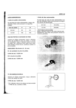 ANEIS SOBREMEDIDA
• Aneis do pistao sobremedida
as dois tipos de aneis sobremedida a seguir sao
utilizados. Estes aneis possuem os seguintes
c6digos.
Anel do pistao
0,5mm 50 50
1,Omm 100 100
PINO DO PISTAo E CAVIDADE DO PINO
Usando um rel6gio comparador, meya 0 diametro
interne da cavidade do pino do pistao, e, usando
um micrometro, me<;a 0 diametro externo do pino
do pistao. Se a diferen<;a entre estas duas medi-
Qoes exceder 0 limite de uso, substitua 0 pistao e 0
pino do pistao.
09900-20205: Micrometro (0 - 25 mm)
0.1. da cavidade do pino do pistao
Limite de uso: 14,030 mm
O.E. do pino do pistao
Limite de uso: 13,980 mm
0.1. DA CABECA DA BIELA
Usando um rel6gio comparador, me<;a 0 diametro
interne da cabe<;a da biela.
Limite de uso: 14,040 mm
• Se 0 diametro interne da cabe<;a da biela exceder
o limite de usc, substitua a biela.
MOTOR 3-25
• Aneis de oleo sobremedida
as dois tipos de aneis de 61eo sobremedida a se-
guir sao utilizados. Estes aneis possuem as seguin-
tes marcas de identifica<;ao.
0,5 mm Vermelha
1,0 mm Amarela
• Anel lateral sobremedida
Me<;a 0 dic~metro externo dos aneis laterais para
identifica-Ios, pois estes nao possuem marcas ou >
numeros gravados.
 