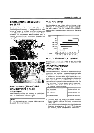 LOCALIZACAO DO NUMERO
DE SERlE
o numero de serie do chassi ou VIN (Numero de
identificac;:ao do Vefculo) G) esta gravado no lado
direito da coluna de dires:ao. 0 numero de serie do
motor ~ esta localizado na carcac;:a do motor. Estes
numeros sao necessarios especialmente para 0
registro da motocicleta e solicitac;:ao de pe9as de
reposic;:ao.
RECOMENDACOESSOBRE
COMBUSTIVEL E OLEO
COMBUSTIVEL
Use somente ·gasolina sem chumbo de octanagem
85 - 95 octanos pelo metodo R + M
2
NOTA
o uso de gaso/ina sem chumbo ira aumentar a
vida uti! da' vela de igni9ao.
INFORMACOES GERAIS 1-1
OLEO PARA MOTOR
Certifique-se de que 0 61eo utilizado atenda a clas-
sificac;:ao de servic;:o API, minima SF com viscosida-
de SAE 20W-50. Se nao houver disponibilidade,
selecione um 61eo alternativo, segundo 0 diagrama
abaixo.
SAE
40
30
1
20W/50 {
lOW/50 1
lOW/30;
20W!.,
lOW 1
I
'Cj
Temp.
"F
-20-10
4 14
-
0 10 20 30 40
32 50 68 86 t04
I
)
I
1I
(
OLEO DE AMORTECEDOR DIANTEIRO
Use 61eo para amortecedor nQ 10- SHELL ADVANCE
FORK.
PROCEDIMENTO DE
AMACIAMENTO
Durante a fabricac;:ao, somente os melhores materiais
existentes sao usados e todas as pe9as usinadas
tem acabamento de alto padrao. Mesmo assim, ainda
e necessario deixar que as pe9as fiquem AMACIA-
DAS antes de submeter 0 motor a esforc;:os excessivos.
o rendimento futuro e confiabilidade do motor de-
pendem do cuidado e controle mantidos durante sua
vida util inicial. As regras gerais sao as seguintes:
• Mantenha estes limites iniciais de rotagao do mo-
tor durante 0 amaciamento:
800 km iniciais Abaixo de 5000 rpm
Ate 1600 km Abaixo de 7500 rpm
Acima de 1600 km Abaixo de 10000 rpm
• Ao atingir 1600 km, pode-se submeter a motoci-
deta a rota9ao maxima. Contudo, nunca exceda
10500 rpm.
• Evite velocidades constantes por longos perfodos
durante 0 amaciamento do motor. Tente, sempre
que posslvel, variar a abertura do acelerador.
 