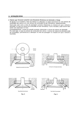1·4 INFORMAVOES GERAIS
3. Fatores que Tornaram possivel uma Excelente Eficiencia de Admissao e Carga
As figuras 5 e 6 mostram 0 fluxo da mistura e a alteragao na segao transversal em uma camara de
combustao twin dome e em uma camara de combustao do tipo hemisferica, respectivamente.
Voce pode notar como a area de passagem aumenta nitidamente no instante em que a valvula e
levantada, no caso da camara de combustao do tipo hemisferico. Como resultado, pode ocorrer facil-
mente uma separagao do fluxo.
ConseqOentemente, a perda de pressao aumenta, diminuindo 0 volume da mistura de admissao.
Por outro lado, no caso da camara de combustao twin dome, 0 volume da mistura de admissao pode
ser aumentado, controlando-se a alteragao na area de passagem no instante em que a valvula e
levantada.
Camara de combuslao twin dome
Tipo Dome Convencional
Fig. 5
Areada
valvula
passagem
Camara de combustao twin dome
Tipo Dome Convencional
Fig. 6
 