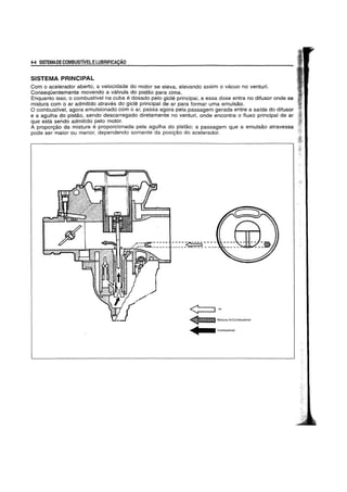 44 SISTEMADECOMBUSTivELELUBRIFICAyAO
SISTEMA PRINCIPAL
Com 0 acelerador aberto, a velocidade do motor se eleva, elevando assim 0 vacuo no venturi.
ConseqOentemente movendo a valvula do pistao para cima.
Enquanto isso, 0 combustivel na cuba e dosado pelo gicle principal, e essa dose entra no difusor onde se
mistura com 0 ar admitido atraves do gicle principal de ar para formar uma emulsao.
o combustlvel, agora emulsionado com 0 ar, passa agora pela passagem gerada entre a saida do difusor
e a agulha do pistao, sendo descarregado diretamente no venturi, onde encontra 0 fluxo principal de ar
que esta sendo admitido pelo motor.
A proporgao da mistura e proporcionada pela agulha do pistao; a passagem que a emulsao atravessa
pode ser maior ou menor, dependendo somente da posigao do acelerador.
_ Combustivel
 