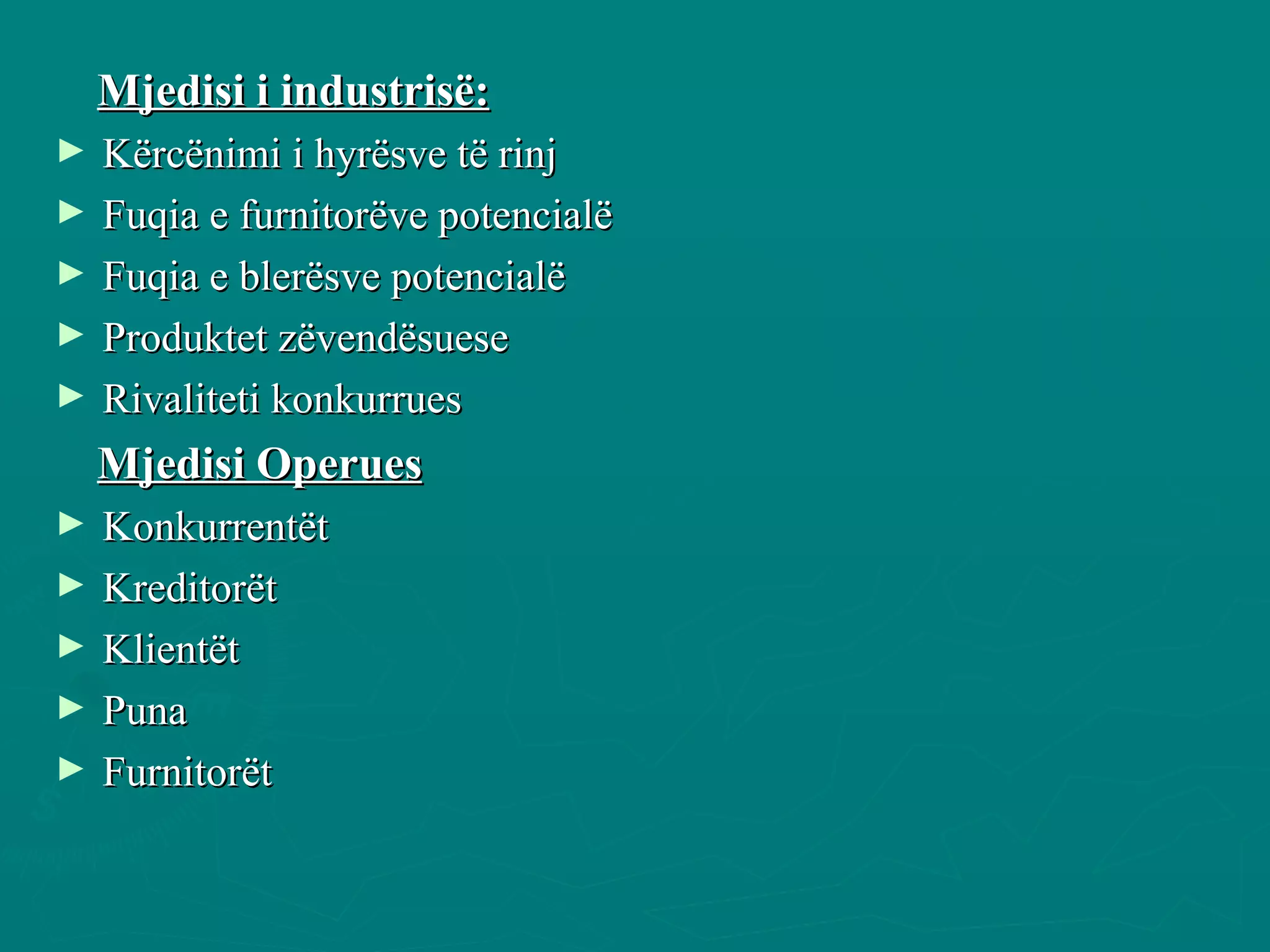 Mjedisi i industrisë: Kërcënimi i hyrësve të rinj Fuqia e furnitorëve potencialë Fuqia e blerësve potencialë Produktet zëvendësuese Rivaliteti konkurrues Mjedisi Operues Konkurrentët Kreditorët Klientët  Puna  Furnitorët 