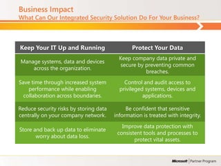 Business Impact
What Can Our Integrated Security Solution Do For Your Business?



Keep Your IT Up and Running                    Protect Your Data
                                          Keep company data private and
Manage systems, data and devices
                                          secure by preventing common
    across the organization.
                                                    breaches.
Save time through increased system          Control and audit access to
    performance while enabling            privileged systems, devices and
  collaboration across boundaries.                  applications.

Reduce security risks by storing data        Be confident that sensitive
centrally on your company network.      information is treated with integrity.
                                           Improve data protection with
Store and back up data to eliminate
                                         consistent tools and processes to
       worry about data loss.
                                                protect vital assets.
 