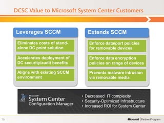 DCSC Value to Microsoft System Center Customers


     Leverages SCCM                   Extends SCCM
      Eliminates costs of stand-       Enforce data/port policies
      alone DC point solution          for removable devices

      Accelerates deployment of        Enforce data encryption
      DC security/audit benefits       policies on range of devices

      Aligns with existing SCCM        Prevents malware intrusion
      environment                      via removable media



                                   • Decreased IT complexity
                                   • Security-Optimized Infrastructure
                                   • Increased ROI for System Center


70
 