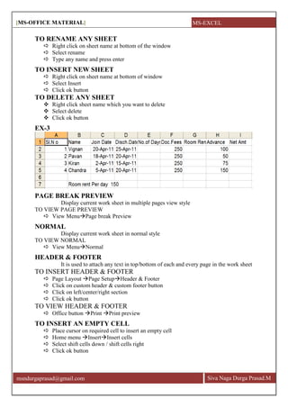 [MS-OFFICE MATERIAL]
Siva Naga Durga Prasad.Mmsndurgaprasad@gmail.com
TO RENAME ANY SHEET
 Right click on sheet name at bottom of the window
 Select rename
 Type any name and press enter
TO INSERT NEW SHEET
 Right click on sheet name at bottom of window
 Select Insert
 Click ok button
TO DELETE ANY SHEET
 Right click sheet name which you want to delete
 Select delete
 Click ok button
EX-3
PAGE BREAK PREVIEW
Display current work sheet in multiple pages view style
TO VIEW PAGE PREVIEW
 View MenuPage break Preview
NORMAL
Display current work sheet in normal style
TO VIEW NORMAL
 View MenuNormal
HEADER & FOOTER
It is used to attach any text in top/bottom of each and every page in the work sheet
TO INSERT HEADER & FOOTER
 Page Layout Page SetupHeader & Footer
 Click on custom header & custom footer button
 Click on left/center/right section
 Click ok button
TO VIEW HEADER & FOOTER
 Office button Print Print preview
TO INSERT AN EMPTY CELL
 Place cursor on required cell to insert an empty cell
 Home menu InsertInsert cells
 Select shift cells down / shift cells right
 Click ok button
MS-EXCEL
 