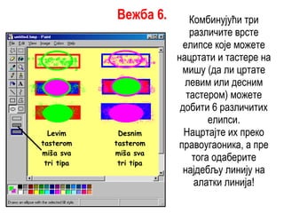 Levim tasterom miša sva tri tipa Desnim tasterom miša sva tri tipa Комбинујући три различите врсте елипсе које можете нацртати и тастере на мишу (да ли цртате левим или десним тастером) можете добити 6 различитих елипси. Нацртајте их преко правоугаоника, а пре тога одаберите најдебљу линију на алатки линија! Вежба  6 . 